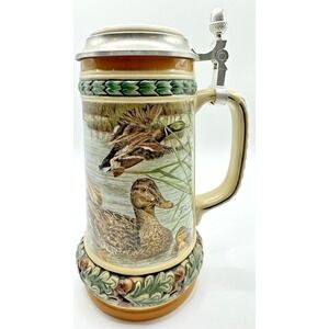 Gerz Duck Beer Stein Pewter Lid German Hunting Wildlife Mallard Duck Stein